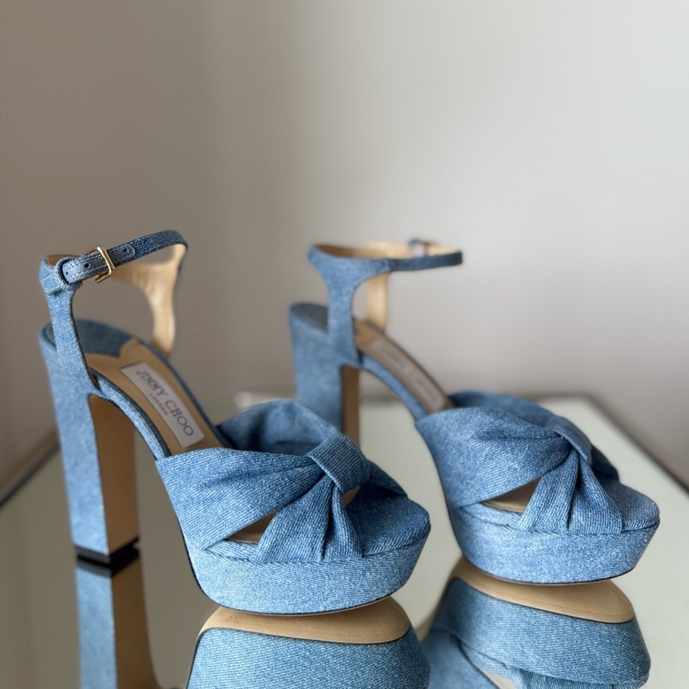 New JIMMY CHOO Heloise 120 Knotted Denim Platform Sandals 38 $995 - Picture 8 of 14